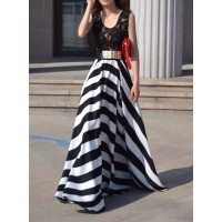 Hollow Out Design Striped Sleeveless Scoop Neck Floor-Length Dress For Women